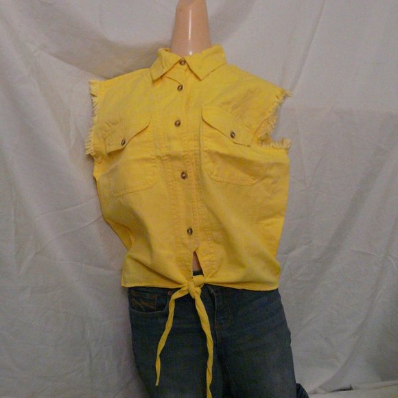 Women XL Biker Wear Yellow Cotton Denim Crop Shirt - Picture 5 of 5